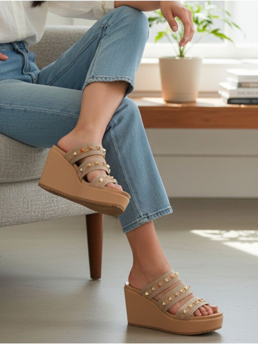 Studded Strap Nude Wedge Sandals For Women - Stylish Slip-On Platform Design Wit - Picture 4 of 12